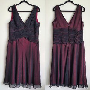 Adrianna Papell Fit & Flare Burgundy Black Ruffled Chiffon V-Neck Midi Dress